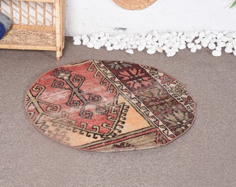 Vintage Rug, Turkish Rug, Round Rug, Small Rugs, Oushak Rugs, Rugs For Bathroom, 2.9x2.9 ft Red Rug, Kitchen Rugs, Small Entry Rug,  10626