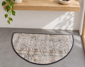Turkish Oushak Rug, Distressed Vintage Rug and Entryway Rug, 2.5x1.5, Beige and Black Half Round Hand Knotted Small Accent Rug