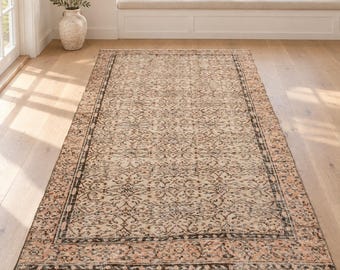 Alfombra Isparta con borde, alfombra de lana para dormitorio, 1,4 x 2,5 m, alfombra beige y marrón, alfombra turca vintage de lana anudada a mano.