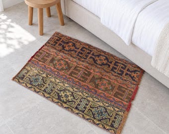 Turkish Vintage Sille Rug, Brown and Red Geometric Patchwork Carpet, Bedside Rug, 2.2x3.1, Small Rectangular Entryway Accent
