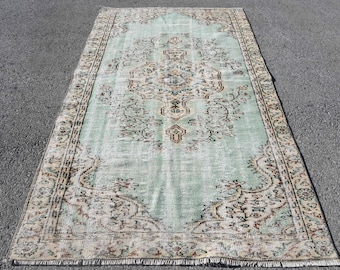 Vintage Large Rug 4.9x8.2 ft (150x250 cm), Oushak Green Floral Turkish Rug