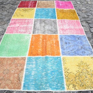Patchwork Turkish Rug, Vintage Oushak, Colorful Area Rug, 130x220cm, 4x7ft, Handmade Carpet, Modern Living Room Decor