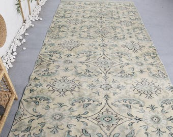 Turkish 4.7x9.6 ft Rug, Oushak Vintage Rug, Beige Floral Wool Rug