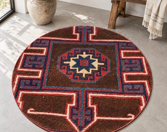 Alfombra redonda vintage de lana, alfombra Kars, alfombra geométrica marrón, 107 x 107 cm, alfombra vintage turca, alfombra anudada a mano.