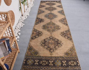 Vintage 3x10.9 ft Rug, Runner Turkish Rug, Beige Brown Moroccan Wool Rug