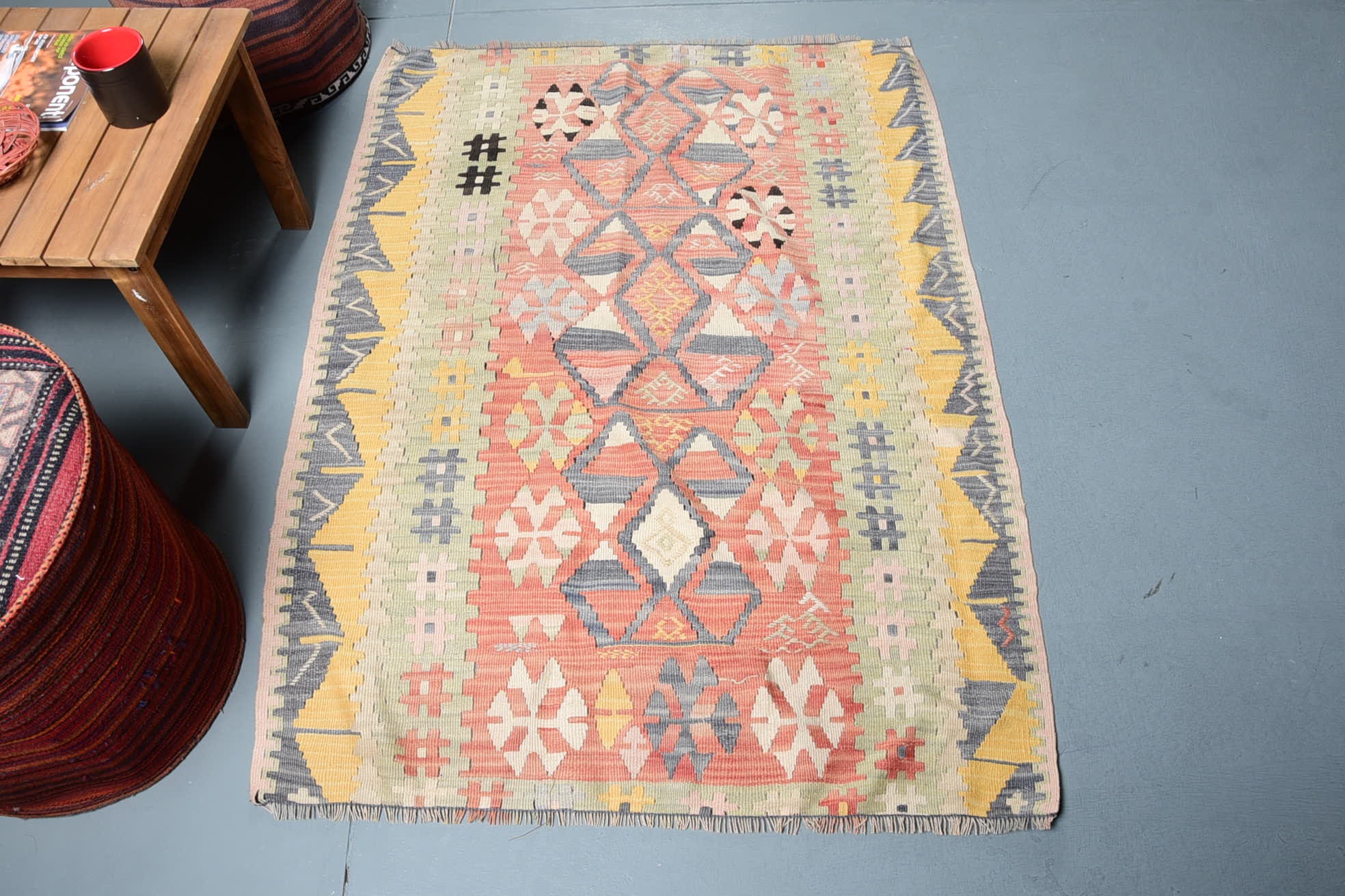 Kilim Turc, Kilim Accent, Vintage, Décoration Intérieure Kilim, Géométrique, 40x55 Pouces Yellow Pet