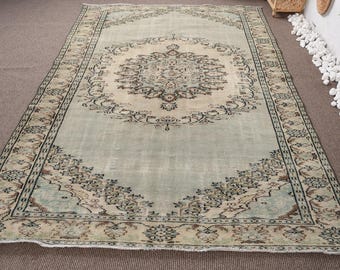 Vintage Turkish Rug, 6.2x8.9 ft Large Rug, Beige Brown Persian Rug