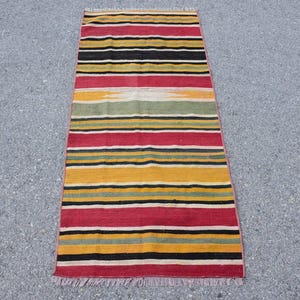 Vintage Turkish Kilim, Striped Small Kilim, Bohemian Rug, 2x5ft Wool Kilim, Handwoven Decor, Colorful Area Rug, Eclectic Floor Covering