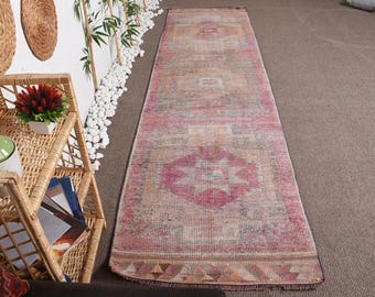 Vintage Rug, 3x11.3 ft Turkish Rug, Red Pink Ikat Wool Rug