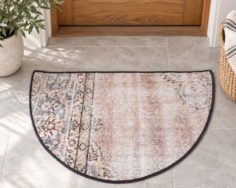 Turkish Oushak Rug, Distressed Vintage Wool Rug and Mini Rug, 2.5x1.5, Beige and Black, Hand Knotted Semicircle Entryway Accent