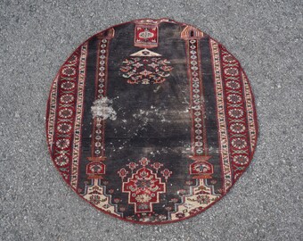 Turkish Rug, Small Rug, 3x3 Ft - 92x92 Cm, Vintage Rug, Organic Rug, Black Rug, Office Rug, Door Mat Rug, Bohemian Rug,  5950