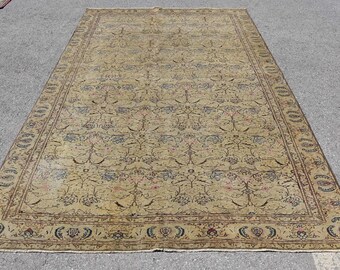 Alfombra turca vintage Oushak de 180 x 284 cm (5,9 x 9,3 pies), color beige, de lana, estilo suroeste.