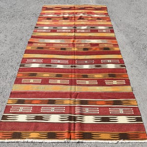 Antique Kilim, Turkish Kilim, 4.4x9.5 ft, Large Kilim, Saloon Kilim, Vintage Kilim, Oushak Kilim, Large Kilim, Geometric Wool Kilim,  5109