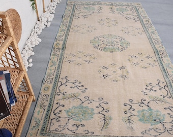 Turkish Vintage Rug 4.4x8.7 ft, Oushak Beige Polka dot Wool Rug