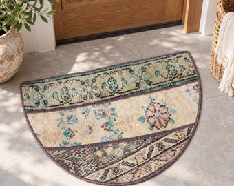 Turkish Oushak Rug, Vintage Patchwork Multicolor Rug, 2.5x1.5, Beige and Green Semicircle Bedside Rug, Small Boho Entryway Accent