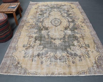 Alfombra grande de pelo corto, alfombra Oushak, alfombra con medallón, 5,8 x 9 pies, alfombra beige y gris, anudada a mano turca vintage.