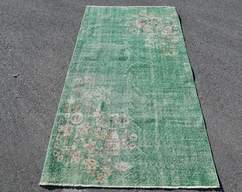 Alfombra turca vintage Oushak de 107 x 2 metros, con detalles de plantas y árboles verdes. Alfombra de lana.