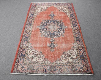 Alfombra anudada a mano roja y azul, alfombra Oushak, alfombra vintage, alfombra con medallón, 1,2 x 2,1 m, alfombra turca vintage