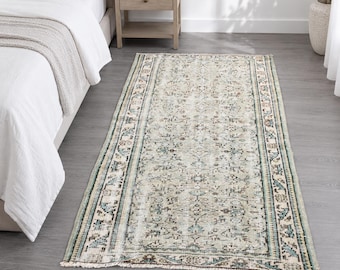 Alfombra turca Oushak, alfombra decorativa vintage desgastada y alfombra de pelo corto, 3,3 x 6,3, color beige y verde, rectangular, anudada a mano, para dormitorio.