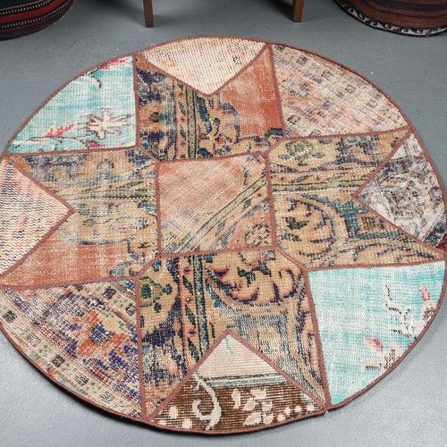Round Rug, Small Rug, Vintage Rug, Turkish Rug, shops Oushak Rug, 41x41 inches Orange Carpet, Decorative Bathroom Carpet, 8826