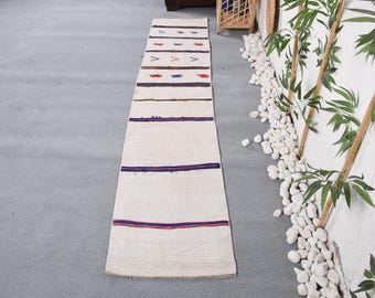 Vintage Kilim Runner Rug 1.6x8.7 ft (50x266 cm), Turkish Beige Southwestern Wool Rug