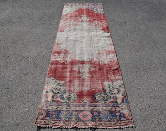 Alfombra vintage de 3x9.8 pies, alfombra turca tipo pasillo, alfombra ikat roja y azul.