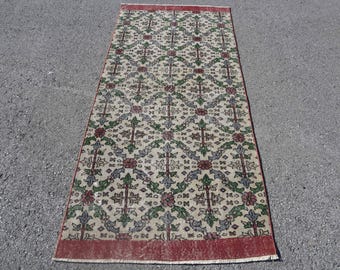 Turkish Vintage Accent Rug 3.1x6.7 ft, Red Green Moroccan Wool Rug