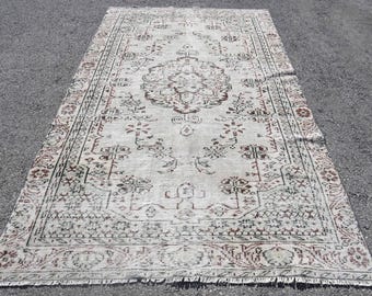 5.5x9.2 ft Large Turkish Vintage Rug, Beige Floral Wool Rug
