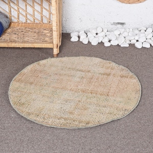 Vintage Rug, Round Rug, Turkish Rug, Small Rugs, Faded Oushak Rug, Rugs For Bathroom, 2.3x2.3 ft Beige Rug, Wool Rug, Door Mat Rug, 10551