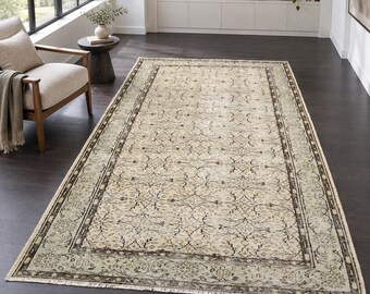 Alfombra de lana con borde, alfombra Oushak, alfombra grande beige y marrón, 5,5 x 9,2 pies, alfombra grande turca vintage anudada a mano.