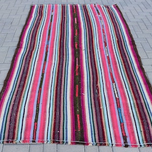 Turkish Kilim, Striped Rug, Handwoven Kilim, Bohemian Floor Rug, Vintage Turkish Rug, Colorful Area Rug, 5x7ft Wool Rug