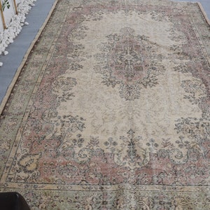 Vintage Turkse grote oushak-tapijten voor salon 6,5 x 9,9 ft beige interieur wol slaapkamer oosterse slaapzaal antiek Anatolisch decoratief