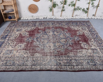 Turkish Rug Oversize Rugs Vintage Faded Oushak For Living Room 7.1x13.1 ft Red Decorative Antique Natural Cute Bedroom Wool Handmade Salon