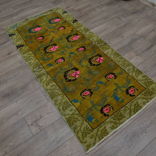 Green Rug, Floral Rug, Rose Rug, Bath Rug, Kitchen Rug, Art Deco Rose, Pink Rug, 2.9x6.1 feet Rare Oushak Rug, Free Shipping Design Rug 450