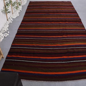 Vintage Turkse kelim, gestreept veelkleurig vloerkleed, 5 x 11 ft, levendig huisdecor, handgeweven woltextiel, rustieke warme tinten, bohostijl