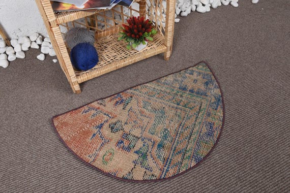 半円形トルコラグ、ヴィンテージ玄関ラグ、手織りウールラグ、76 x 45