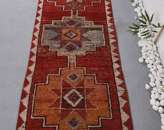 Vintage Runner Rug 2.8x9.8 ft, Red Orange Floral Rug Wool