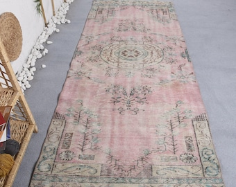 Turkish Oushak Area Rug 3.5x8.7 ft (107x264 cm), Vintage Pink Oriental Rug