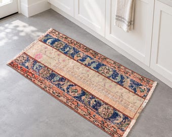 Turkish Oushak Rug, Beige and Blue Multicolor Entryway Rug, 1.7x3.37, Bordered Vintage Patchwork Rug, Small Rectangular Accent