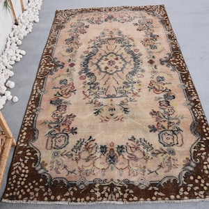 Vintage Turks tapijt, tapijt voor woonkamer 4 x 7 ft, beige bloemen Oushak, handgemaakte etnische wol, retro interieur, antieke stijl