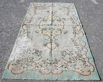 Oushak Vintage Rug, 4.7x8 ft Turkish Rug, Beige Bordered Wool Rug
