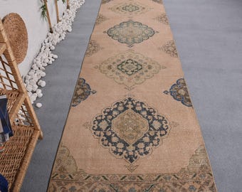 Turkish Vintage Rug, 2.8x12.2 ft Rug, Beige Blue Moroccan Wool Rug