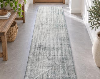 Turkish Vintage Oushak Rug, Gray Distressed Vintage Runner Rug, 3x9.1, Hand Knotted Hallway Carpet, Faded Green, Narrow Entryway Rug