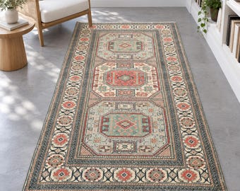 Turkish Kayseri Rug, Beige and Red Geometric Handmade Rug, Hand Knotted Wool Throw Rug, 3.1x6.1, Vintage Accent