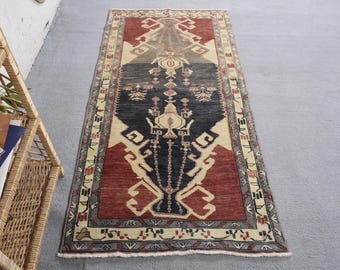 Turkish Vintage Rug 2.9x5.8 ft, Oushak Red Patchwork Wool Rug