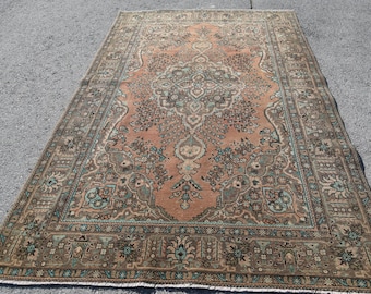 Alfombra turca grande de 188 x 297 cm (6,2 x 9,7 pies), alfombra vintage Oushak de camuflaje marrón.