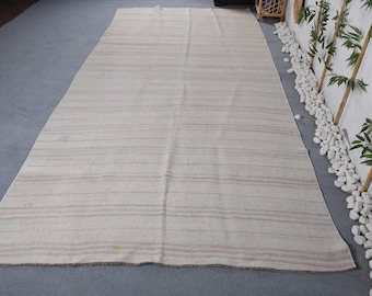 Turks vintage tapijt, 165 x 369 cm, groot wollen tapijt met beige en bruine rand.