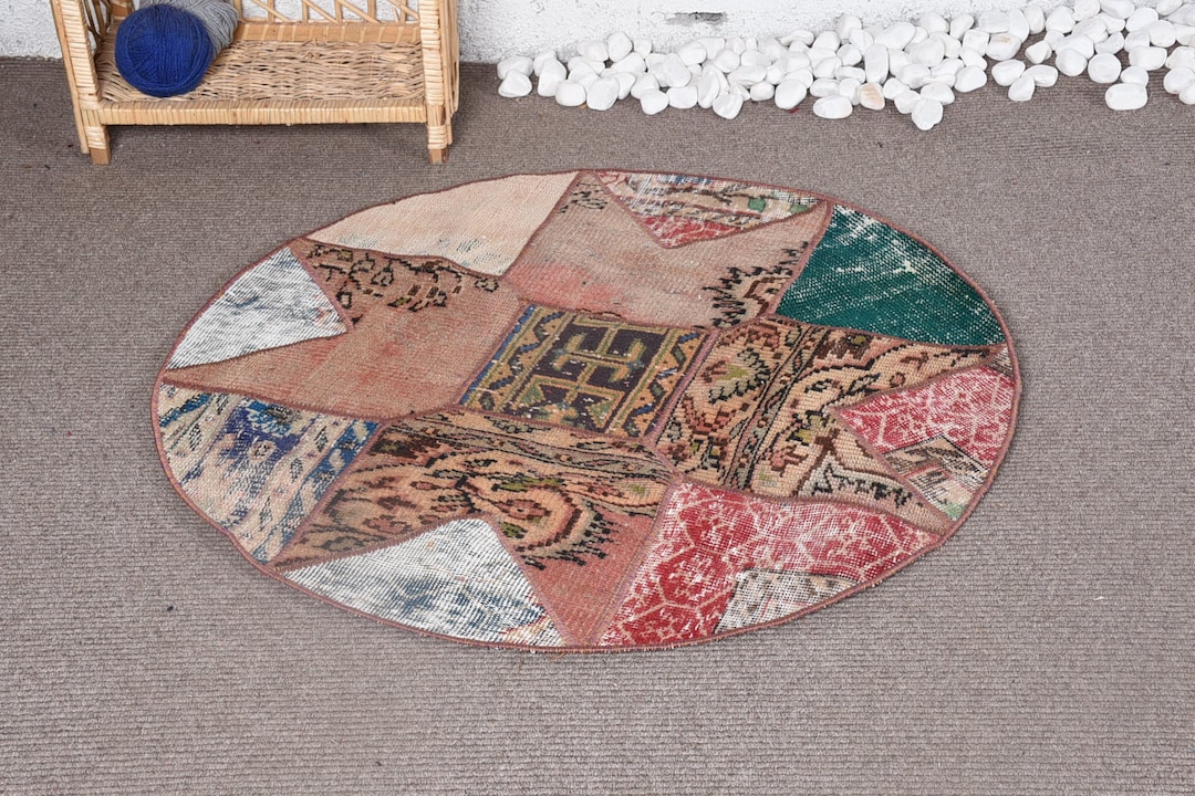 3.3x3.3 Ft Round Turkish Rug, Vintage Rug, Red Beige Wool Rug - Etsy