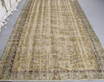 Vintage Large Rug 5.4x8.8 ft, Turkish Oushak Beige Camouflage Wool Rug