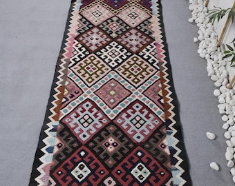 Kilim Vintage Rug, 2.8x13.1 ft Turkish Rug, Red Check Wool Rug
